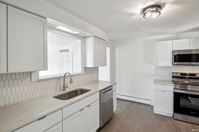 kitchen featuring a baseboard radiator, sink, white cabinets, and stainless steel appliances