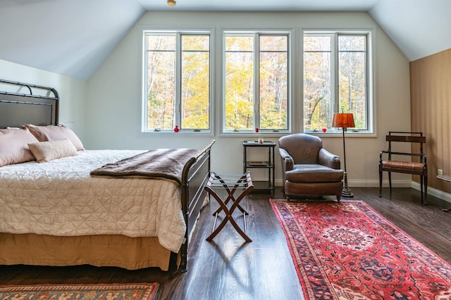 bedroom with multiple windows, dark hardwood / wood-style floors, and vaulted ceiling