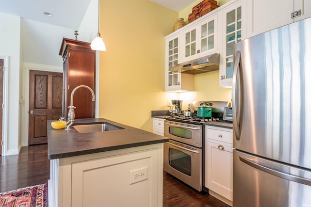 kitchen with white cabinets, hanging light fixtures, dark hardwood / wood-style flooring, appliances with stainless steel finishes, and sink