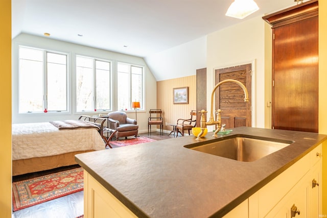 kitchen with sink, vaulted ceiling, and hardwood / wood-style flooring