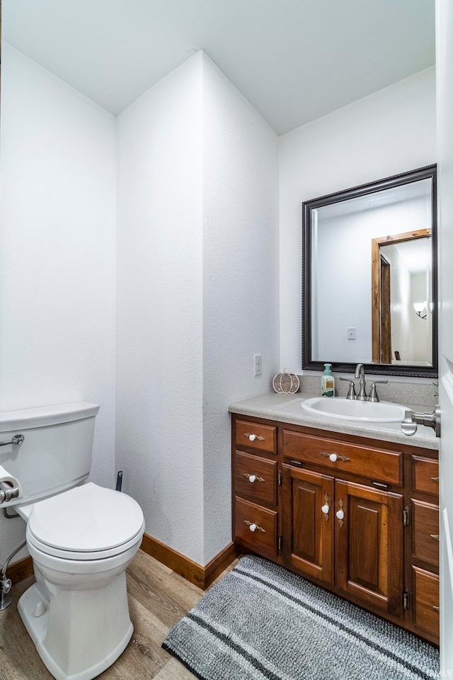 bathroom featuring toilet, vanity, and wood-type flooring