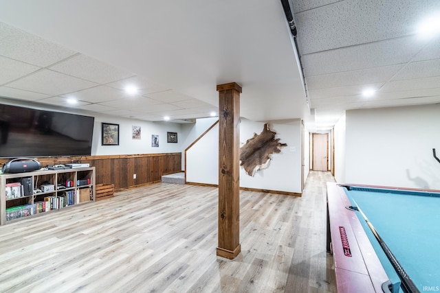 game room featuring a paneled ceiling, light hardwood / wood-style flooring, and billiards