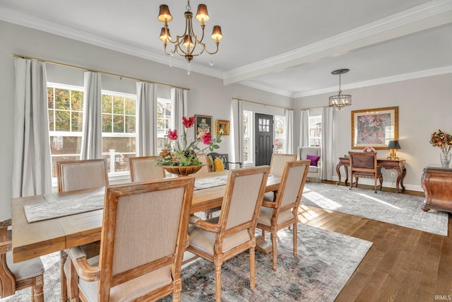 dining room with a notable chandelier, crown molding, hardwood / wood-style flooring, and plenty of natural light