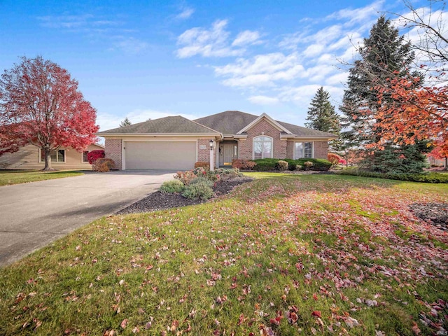 single story home featuring a front lawn and a garage