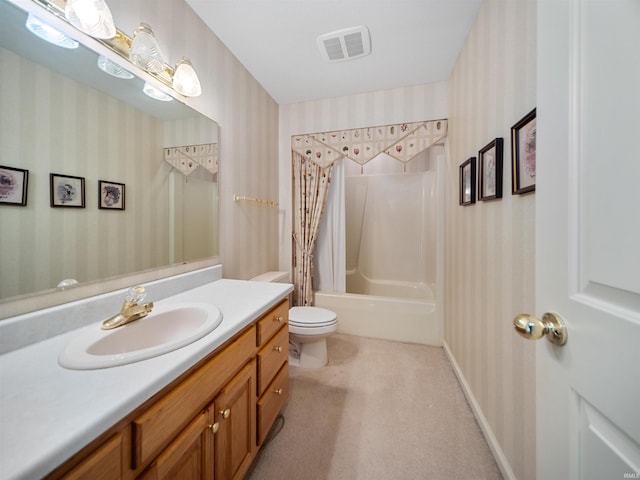 full bathroom featuring vanity, toilet, and shower / bath combination with curtain