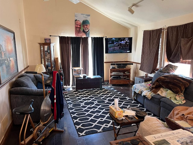 living room with rail lighting, lofted ceiling, and dark hardwood / wood-style floors