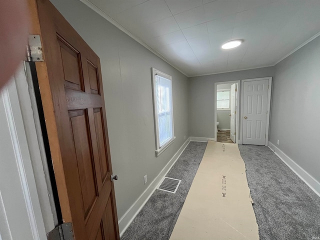 entrance foyer featuring crown molding and carpet flooring