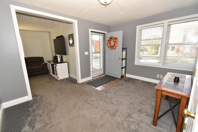 entryway with dark carpet