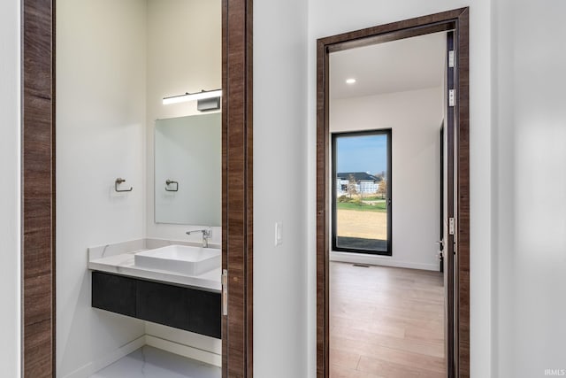 bathroom featuring vanity and hardwood / wood-style floors