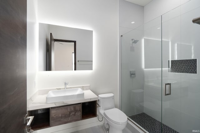 bathroom featuring a shower with door, vanity, and toilet