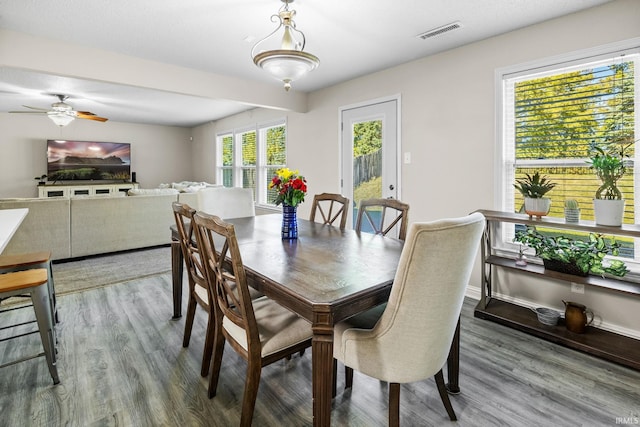 dining room featuring hardwood / wood-style flooring and ceiling fan