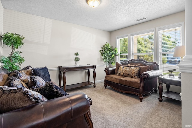 living room with light carpet and a textured ceiling