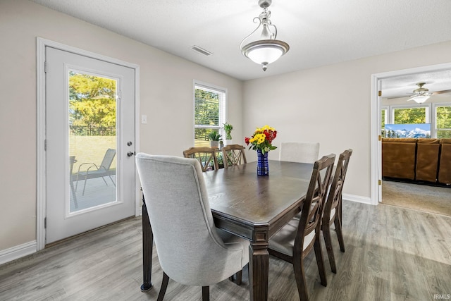 dining area featuring a textured ceiling, light wood-type flooring, and ceiling fan