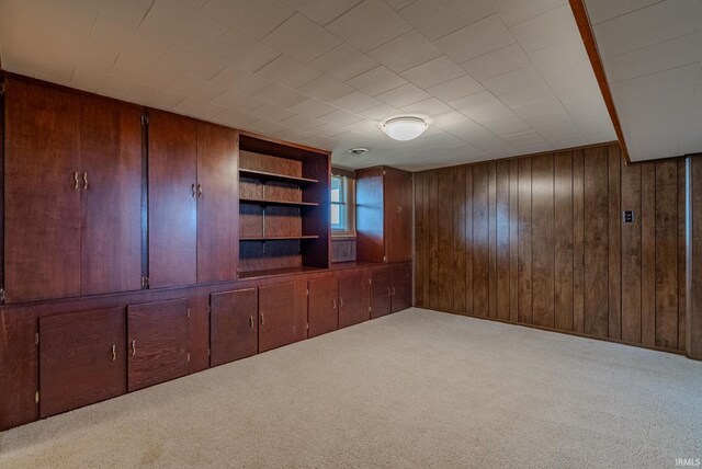 interior space featuring carpet flooring and wood walls