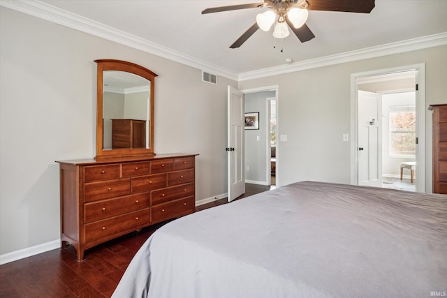 bedroom with dark wood-type flooring, crown molding, and ceiling fan