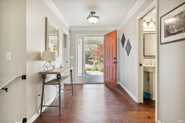 entrance foyer with ornamental molding and dark hardwood / wood-style flooring