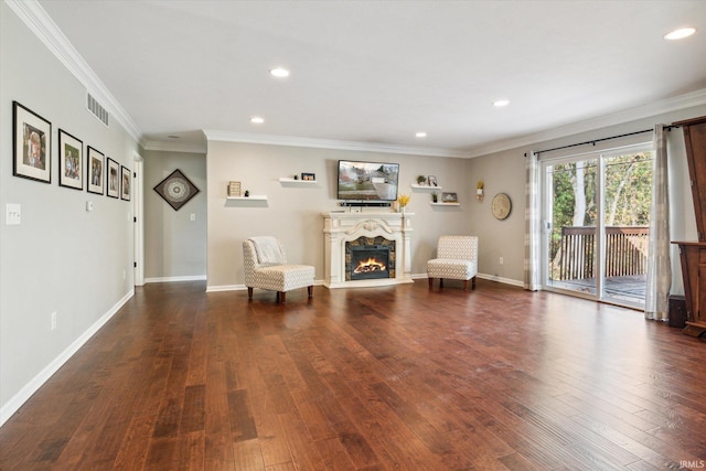 313 Tiger Ct, New Carlisle, IN 46552 - sitting room featuring a lit fireplace, ornamental molding, dark wood-style floors, recessed lighting, and baseboards