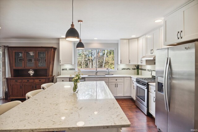 313 Tiger Ct, New Carlisle, IN 46552 - kitchen featuring stainless steel appliances, under cabinet range hood, a sink, a kitchen island, and decorative backsplash