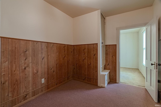 carpeted empty room with wooden walls