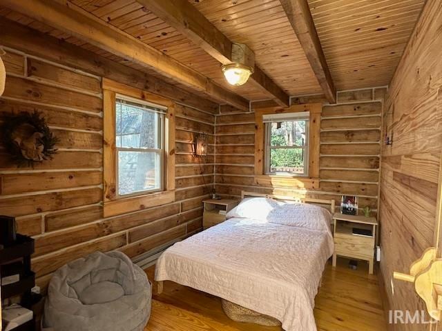 bedroom with wood-type flooring, beamed ceiling, and wooden ceiling