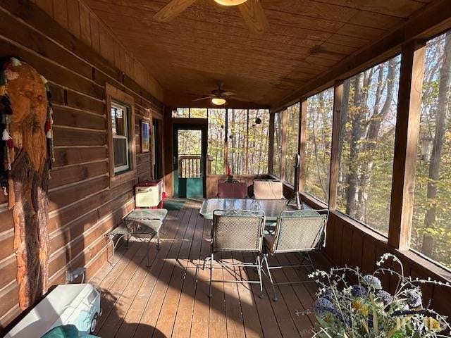 unfurnished sunroom featuring wooden ceiling and ceiling fan