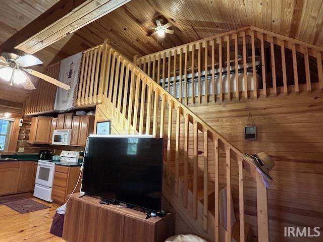 3210 Cedar Gap Ln, Birdseye, IN 47513 - stairs featuring ceiling fan, wood walls, wood finished floors, lofted ceiling, and wooden ceiling