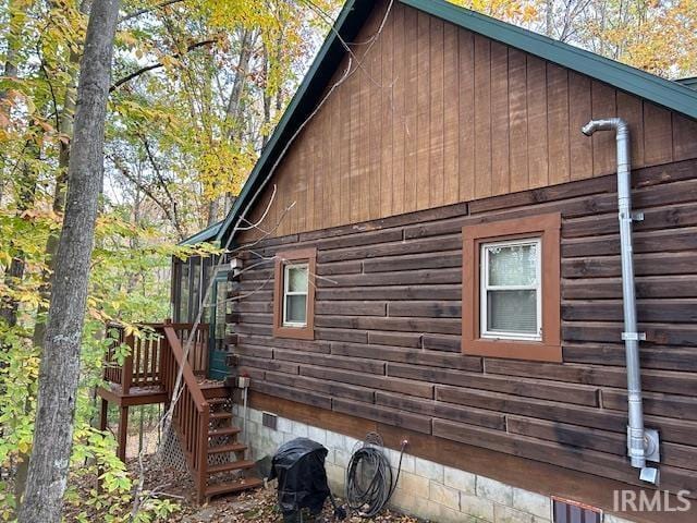 3210 Cedar Gap Ln, Birdseye, IN 47513 - view of property exterior featuring crawl space, a deck, stairs, and log exterior