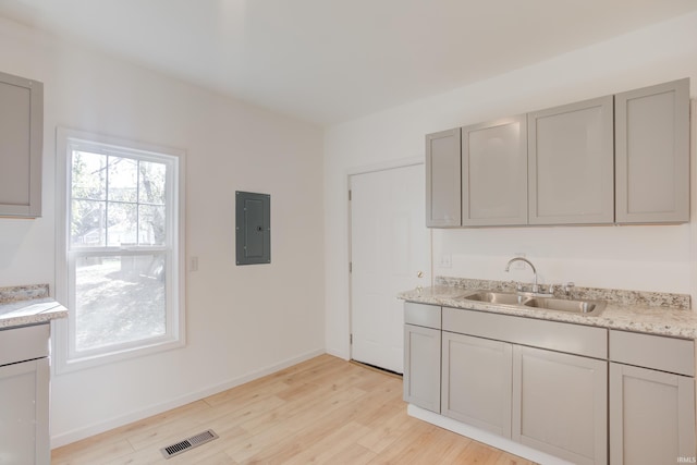 kitchen featuring electric panel, sink, and gray cabinets