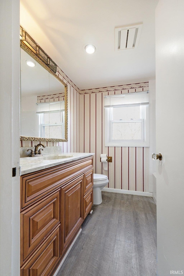 bathroom featuring vanity, toilet, and hardwood / wood-style flooring