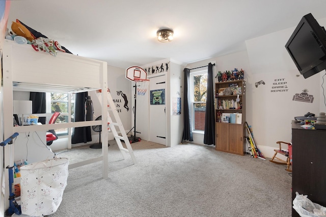 bedroom with light carpet