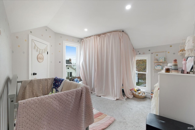 interior space featuring vaulted ceiling and carpet floors