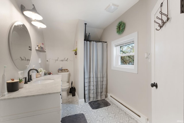 bathroom featuring walk in shower, vaulted ceiling, toilet, vanity, and baseboard heating