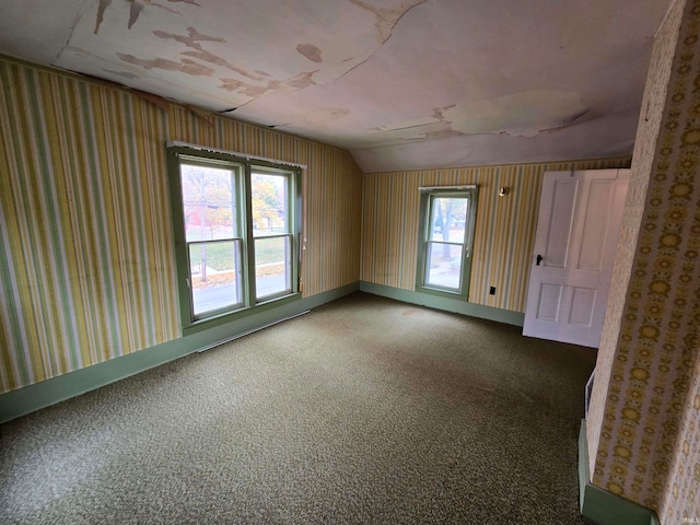 empty room with lofted ceiling, carpet flooring, and a wealth of natural light