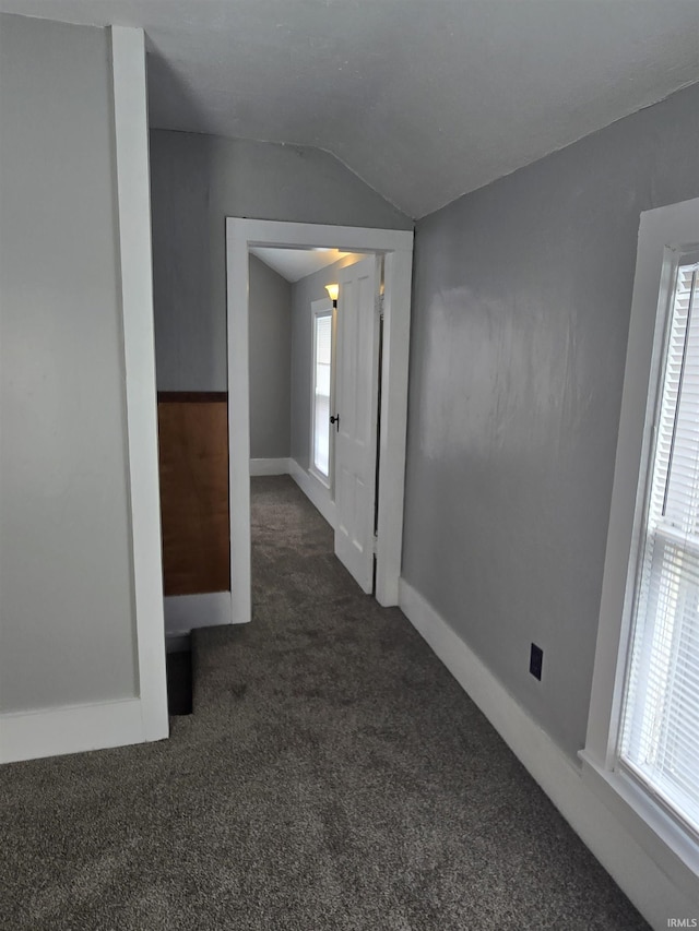 interior space featuring dark colored carpet, lofted ceiling, and plenty of natural light