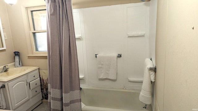 bathroom with vanity and shower / bath combination with curtain