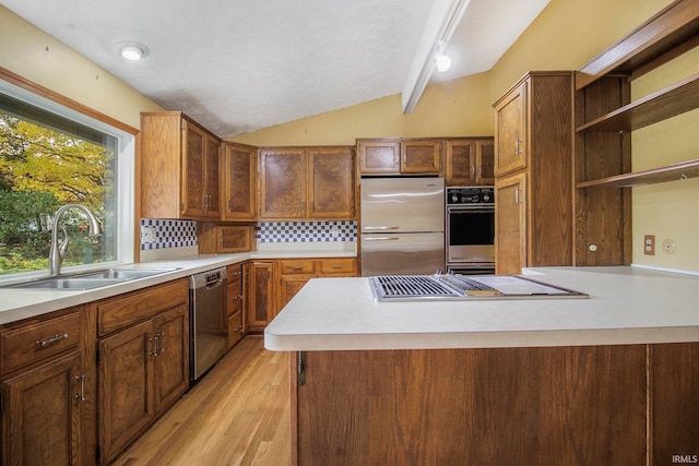 kitchen with backsplash, light wood-type flooring, sink, lofted ceiling with beams, and stainless steel appliances