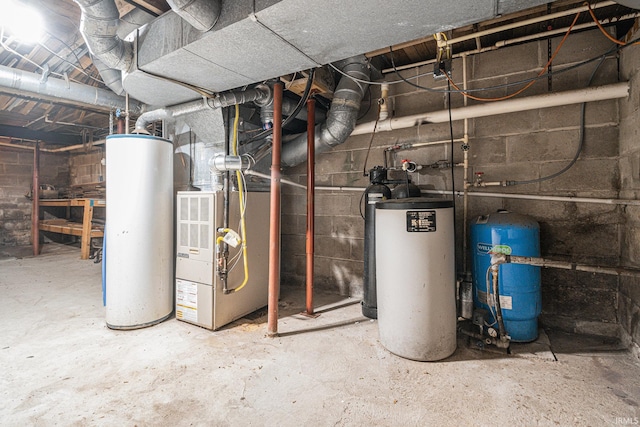 utility room featuring heating unit and water heater