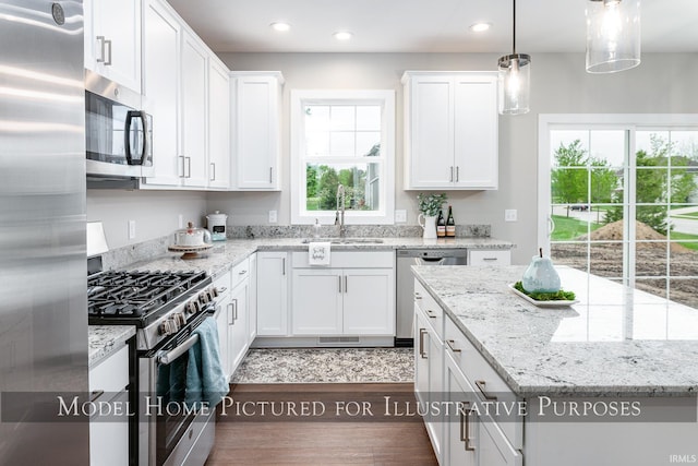 kitchen with white cabinets, stainless steel appliances, and dark hardwood / wood-style flooring