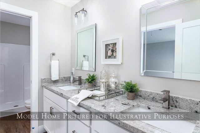 bathroom featuring vanity, toilet, wood-type flooring, and a shower