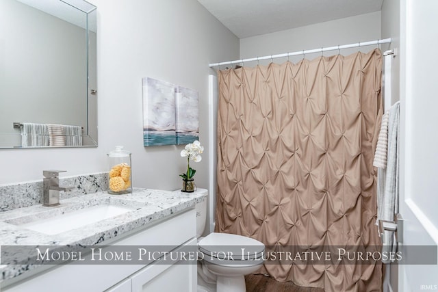 bathroom featuring a textured ceiling, hardwood / wood-style floors, toilet, a shower with curtain, and vanity