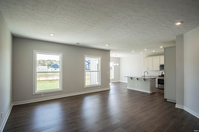 unfurnished living room with dark hardwood / wood-style floors, a textured ceiling, and sink