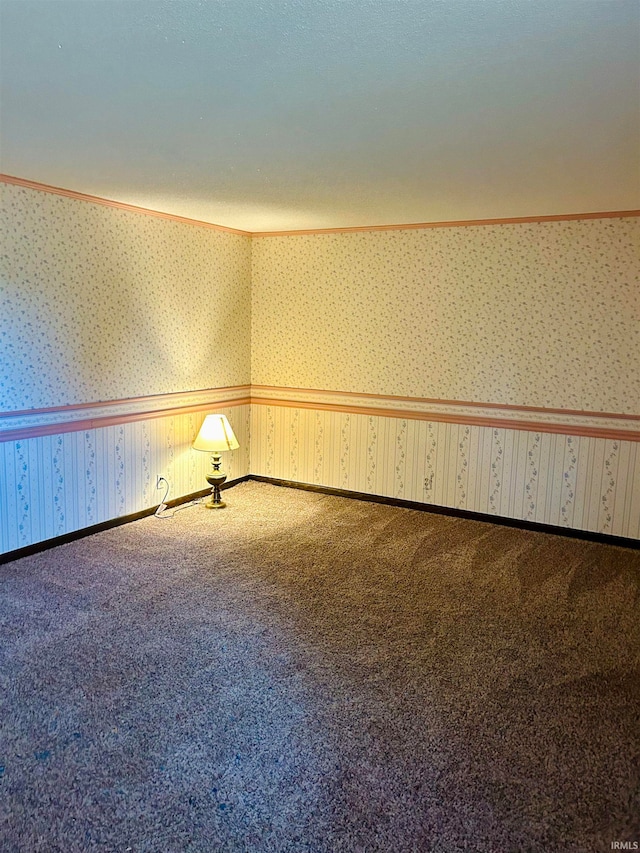 unfurnished room featuring ornamental molding and carpet floors