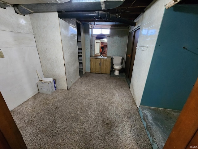 basement featuring carpet and sink