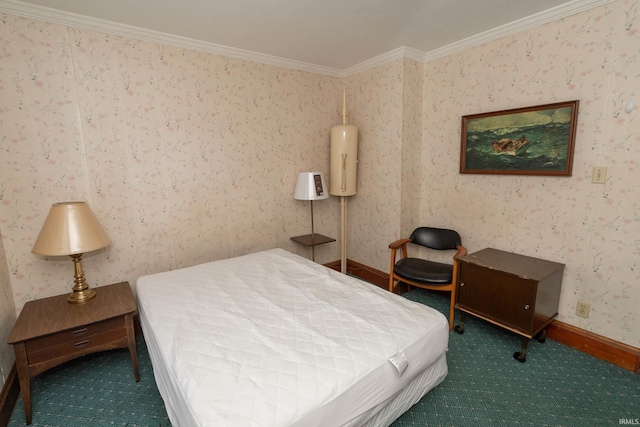 carpeted bedroom featuring radiator and ornamental molding