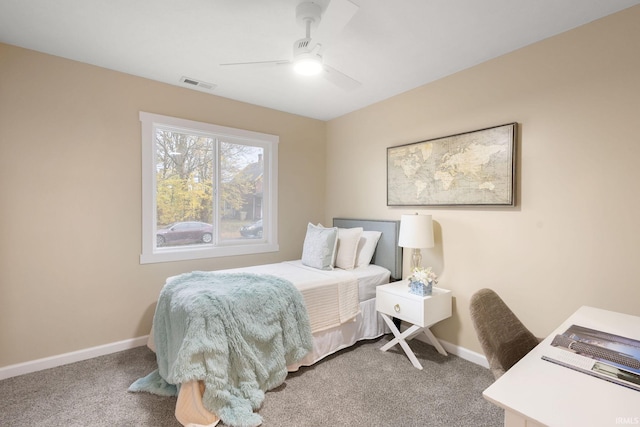 bedroom featuring ceiling fan and carpet flooring