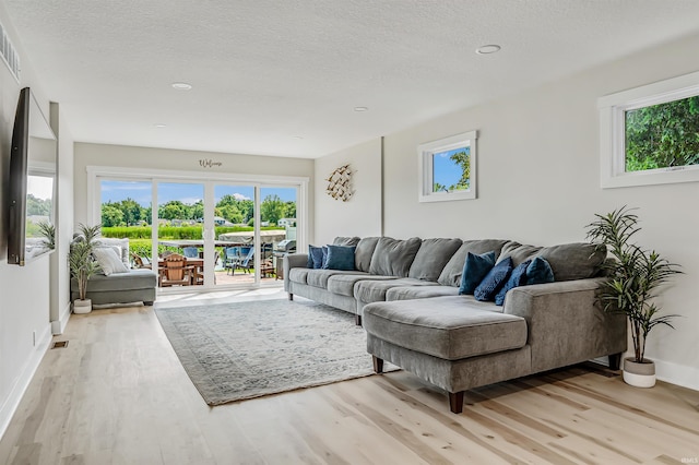 living room with light hardwood / wood-style flooring, a textured ceiling, and a wealth of natural light