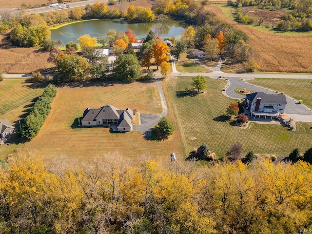 aerial view featuring a water view and a rural view