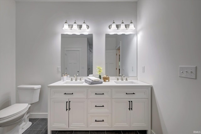 bathroom with vanity, toilet, and tile patterned floors