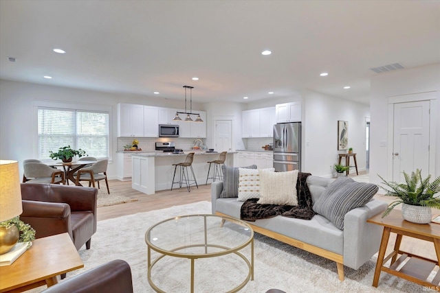 living room featuring light hardwood / wood-style flooring and sink