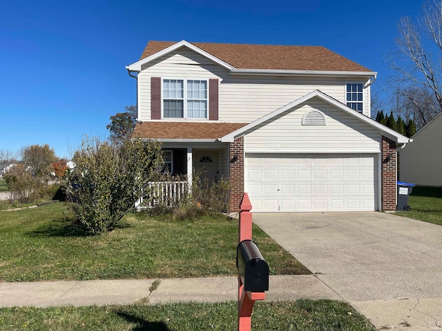 front facade with a garage and a front lawn